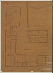 216681 Plattegrond van de begane grond en kelder van het ontwerp voor een dienstgebouw bij het Stads- en Academisch ...